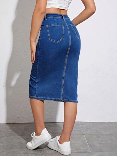Image of Tagas Women High Waist Denim Midi Skirt with Front Slit | Stretchable Bodycon Pencil Skirt | Casual & Stylish Knee Length Skirt