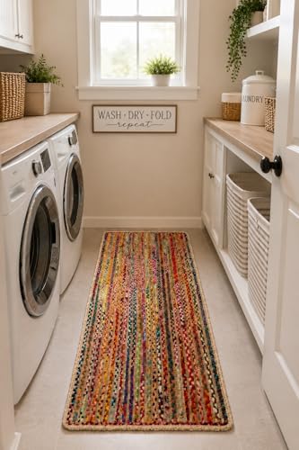 Image of Handmade Natural Jute Runner Rug for Hallway Living Room Kitchen Bedroom Floor Carpet (Beige + Chindi, 2x6)