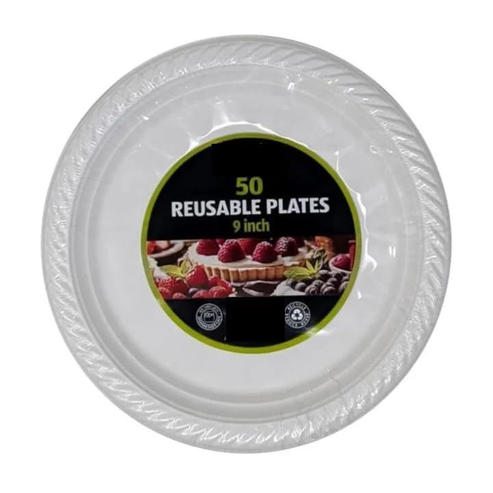 Acense Reusable Plastic Plates - Pack of 50-9 INCH- 23cm Dishwasher Safe White - Lunch, Dinner Catering, Events, Parties, and Everyday Use