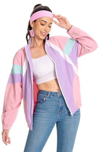 Seaehey Casaco de treino dos anos 80 para mulher, estilo retro, estilo desportivo, multicolorido, hip-hop, discoteca, anos 80, 90, carnaval, festa temática, Rosa., M