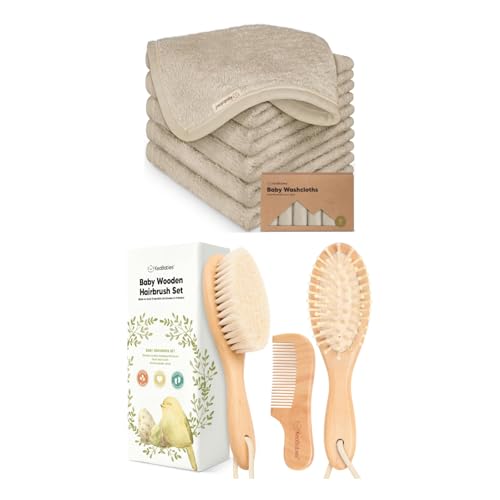 Image of KeaBabies Baby Washcloths for Newborn, Kids and Baby Hair Brush and Comb Set - Soft, Absorbent Bath Cloth and Face Washcloths, Wooden Kids Brush with Soft Goat Bristle