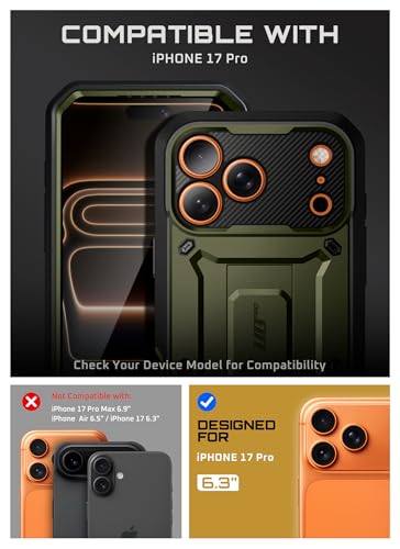 Image of SUPCASE for iPhone 17 Pro Case with Camera Control Button (Unicorn Beetle Pro), [Built-in Kickstand & Screen Protector] [Military-Grade Protection] Full Body Heavy Duty Phone Case, Guldan