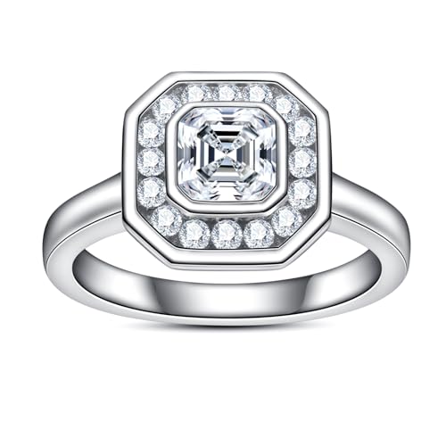 Moissanite Engagement Ring 1.12cttw D Color VVS1 Clarity 925 Sterling Silver Bezel Asscher Cut Halo Wedding Promise Anniversary Rings for Women with Certificate