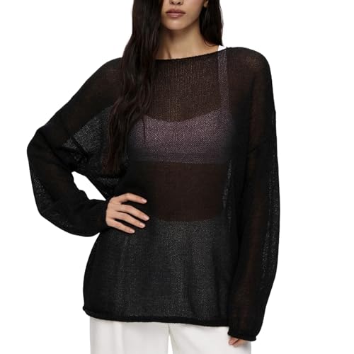 Image of Sweters for Women, Womens Sweater, O-Neck Solid Color See Through Pullover Jumper Shirt Beach