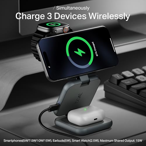 Image of Boat FlexCharge 360 3-in-1 15W Wireless Charger, Foldable, Magnetic Magsafe & Multi-Angle Charging; LED Indicator & Anti-Slip Finish for Apple iPhone 16|15|14, Apple Watch & AirPods (Slate Grey)