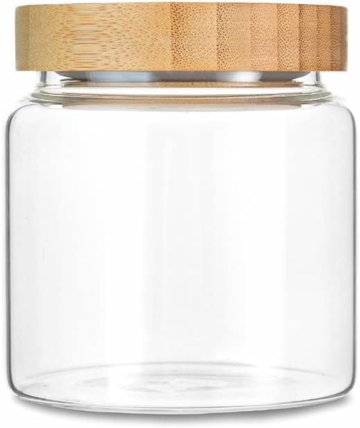 MOLADRI 480 ml / 16 oz clear cute glass storage canister holder with airtight bamboo lid, modern decorative small container jar for coffee, spice, candy, salt, cookie, condiment, pepper, sugar