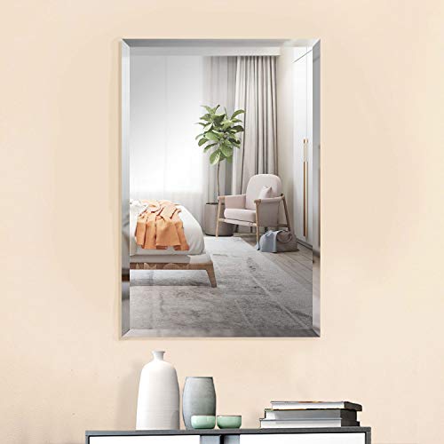 HAUSCHEN 36 x 24 Inch Large Beveled Rectangular Frameless Wall Mirror with Black Solid Wood Backed Panel | Bathroom, Vanity, Bedroom Mirror | Horizonal & Vertical
