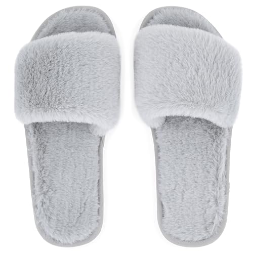 Fuzzy House Slippers for Women - Soft & Comfortable Womens Slippers with Open Toe Separators - Cute All Day Wear Casual Slip on Ladies Footwear for Indoor & Outdoor Steel Gray, 73
