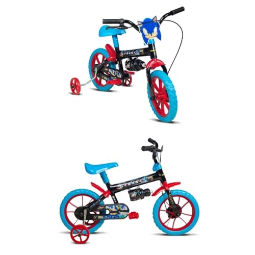 Kit Bicicleta Infantil Sonic Aro 12 Verden, com Capacete, Preto e Azul