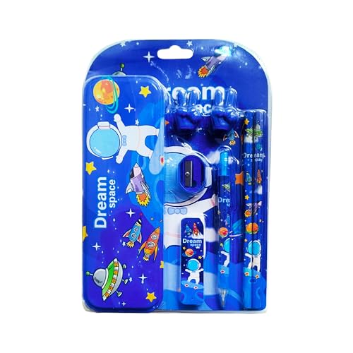 Image of Stationary Set School Kit Good For Birthday Return Gift Cute Educational Supplies For Kids -1*Steel Pencil Box,1*Lead Pencil,2*Pencils,1*Sharpener,1*Pencil Leads,2*Pencil Caps - (Space Theme)
