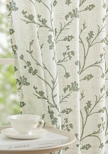 Image of THREE GIRLS Floral Linen Shree Printed Curtains 108 Inches Light Filtering Vintage Farmhouse, Back Tab Rod Pocket Cottage Core Drapes for Living Room Bedroom Dining Room, Sage Green on Beige, 2 Panels