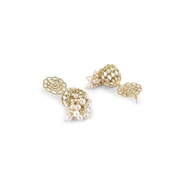 Zaveri Pearls Gold Tone Dazzling Kundan & Cluster Pearl Drops Statement Jhumki Earring For Women -ZPFK16206 - Image 5