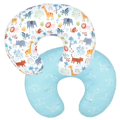 Image of Nursing Pillow Cover Stretchy Removable Infant Cotton Pillow Slipcovers for Baby Boy Girls Breastfeeding Moms Two-Sided Design (Cute Animals)