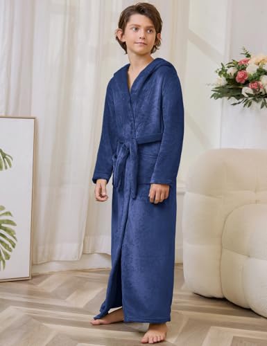 Image of Jxstar Girls Bathrobes Kids Long Hooded Robes Plush Full Length Coral Fleece Pajamas Sleepwear