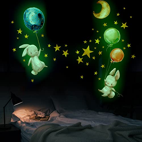 48 Pcs Stickers Muraux Fluorescent Enfants, Lune Étoiles Lapins et Ballons Etoiles Phosphorescentes Plafond Mural Lumineux Autocollants pour Bébé Chambres d'enfants Plafond Décoration