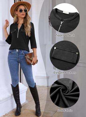 Image of Bulotus Womens 3 /4 Sleeve Tops Plus Size V Neck Zipper Business Casual Blouses for Office & Going Out Soft Knit Tunics, M-3XL