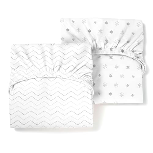 Image of Luvberries Guava Lotus Travel Crib Sheets (Set of 2) – 100% Organic Cotton Fitted Sheets for Baby Play Yard & Mini Crib Mattress – Super Soft Jersey Knit – Snug Fit & Washable (Grey & White)