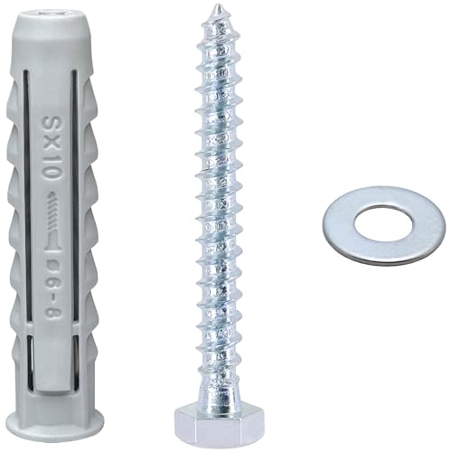 12 PCS Heavy-Duty Masonry Brick Wall Fixing Screws Bolts Anchors - Hex Self-Tapping Screws with Expansion Plugs and Washers for TV Mounts, Water Heaters, and Cabinet Installation (M6)