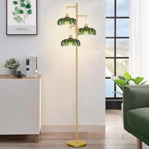 Image of Dimmable Floor Lamps for Living Room Bedroom-3 Light Gold Floor Lamp with Glass Lampshape, Flower Tall Lamp Mid Century Modern Standing Lamp Glass Tree Floor Lamps for Living Room Bedroom,Corner