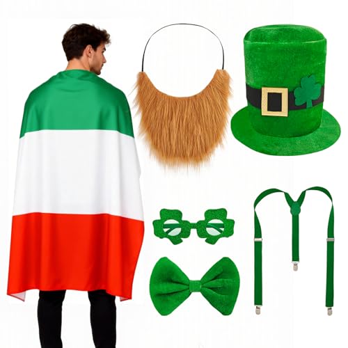 EMORBALS Leprechaun Costume Set, St Patricks Day Hat Flag Cape Glasses Suspenders Beard Bow Tie for Adult