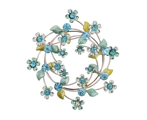 Image of Brass Stems Forget Me Nots Crystal Brooch Enameled Flowers and Leaves Birthday Present Pin Gift Box