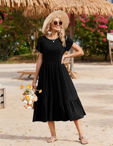 Image of Zeagoo Women Summer Midi A Line Dress Short Sleeve Casual Flowy Tiered Beach Long Sundress with Pockets 2026 Vacation Travel