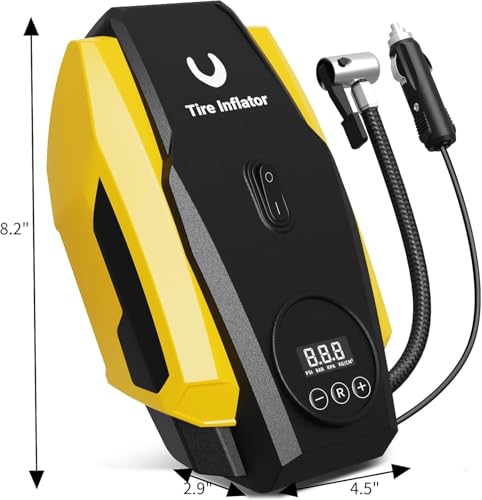 Powools Tire Inflator Portable Air Compressor - Air Pump for Car Tires - 12V DC Compact Tire Pump with Auto Shutoff Function - Multipurpose Car Accessory with LED Light, Yellow, Medium