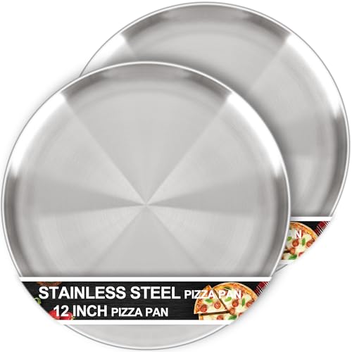 AWTBDP 12 Inch Pizza Pan for Oven Set of 2, Non-Stick Stainless Steel Pizza Pans, Sturdy Non-Toxic Round Pizza Tray for Cookie Pizza Pie Cake, Dishwasher Safe & Easy Clean