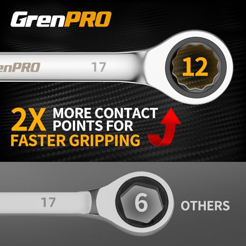 Image of GRENPRO 23PC Ratcheting Combination Wrench Set SAE Metric Mechanic Tools | 1 /4 inch-3 /4 inch&6-18MM with Bolt Gauge, CR-V Steel 72-Tooth 5-Degree Swing 12Pt, Color Rings, Roll Pouch for Auto & Home Repair
