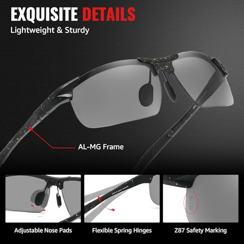 Image of TJUTR Mens Photochromic Sunglasses Day & Night Driving Z87 Sun Glasses Polarized UV400 Protection Safety Glasses