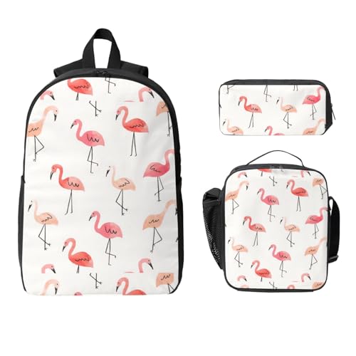 Backpack Set with Lunch Bag & Pencil Case Flamingo. Print Oxford Fabric Portable Useful Bag Set2