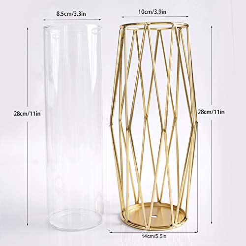 Gelible Geometric Glass Vase with Metal Bracket, Crystal Transparent Inner Vase, Hand-Plated Geometric Metal Vase, Light Gold Color Vase Decoration for Home Office Wedding Holiday Party Gifts - Thumbnail 3