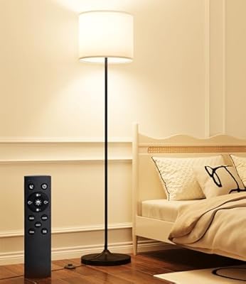 luckystyle LED Floor Lamp for Living Room,Dimmable Standing Lamps with Lampshade and LED Bulb,Custom Color Temperature Tall Lamp for Bedroom with Foot Switch and Remote,Black Pole Lamp for Kid Room