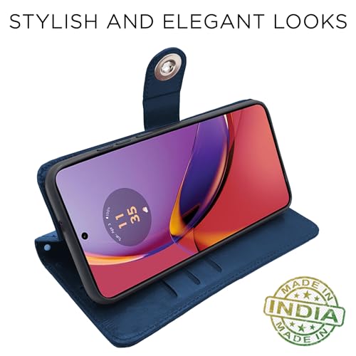 Image of Pikkme Motorola G84 5G Flip Cover Leather Finish | Wallet Stand and Shock Proof | Inside TPU with Card Pockets | Complete Protection Button Flip Case (Blue)