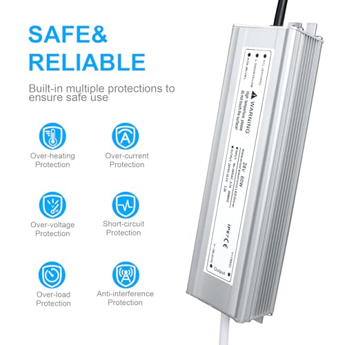 Image of LightingWill LED Driver 60 Watts Waterproof IP67 Power Supply Transformer, 90-265V AC to 24V DC Low Voltage Output, Adapter with 3-Prong Plug 3.3 Feet Cable for Outdoor Use, Computer Project