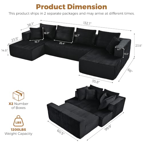 Image of 132 inch Boneless Couches for Living Room, U Shaped Modular Sectional Corduroy Comfy Cloud Memory Foam Deep Seat Boneless Sofa, No Assembly Required Couch for Living Room with Double Chaise, Black
