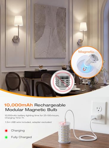 Image of CLOUDY BAY 10000mAh Battery Operated Wall Sconces,Up to 100 Hours with Rechargeable RGB Dimmable Magnetic Bulb,Cordless Wall Lighting Fixtures with Remote for Bedroom,Brushed Nickel,2 Pack-17.9inch