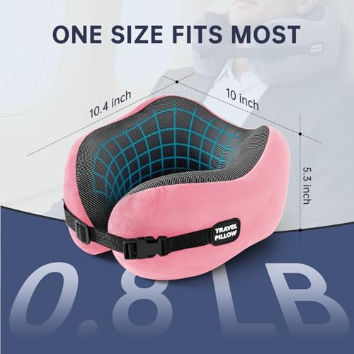 Image of Neck Pillow Travel Pillow - 100% Pure Memory Foam Airplane Pillow with Adjustable Clasp & Removable Cover, Portable Travel Essentials for Long Flights, Car & Office (Pink, with Eye Mask)