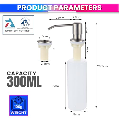 Image of amiciCare Kitchen Sink Soap Dispenser Top Refill Built-in Countertop S.S Steel Dispenser Pump with 360 Degree Rotating Head and 300ml Soap Bottle (Dispenser Pump with Bottle), Alloy Steel