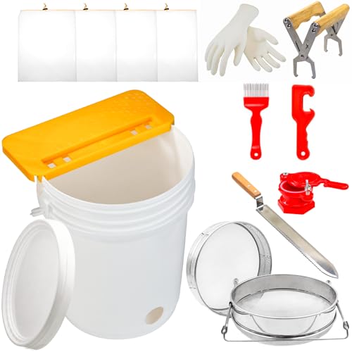 Duseu 10 PCS Honey Harvesting Beekeeping Tool Kit 5 Gallon Bucket with Gate 50 Pairs Gloves Honey Extractor Kit Uncapping Knife Tank Holder Strainer Fork Gripper Lids Opener 4 PCS Filter Bags