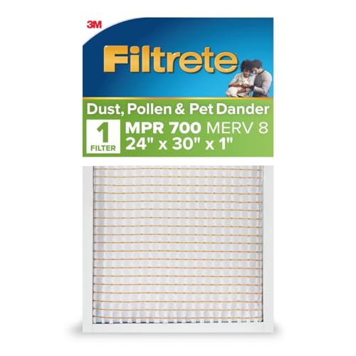 Filtrete 24x30x1 AC Furnace Air Filter, MPR 700, MERV 8, Tough on Pollen, Easy on Airflow, 3-Month Pleated 1-Inch Electrostatic Air Cleaning Filter, 4-Pack (Actual Size 23.81 x 29.81 x 0.81 in)