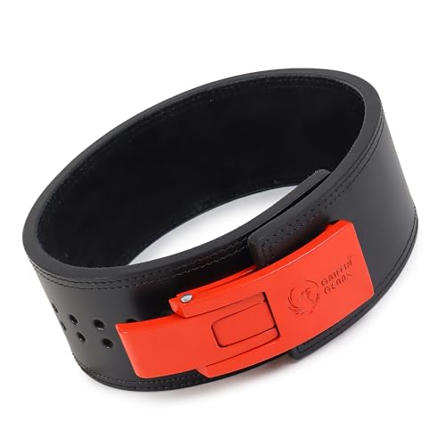 Image of 10mm Lever Belt - Black Leather Weightlifting Belt with Red Buckle - Powerlifting Gym Belt for Men & Women - Heavy-Duty - Men & Women (Black Belt Red Buckle, M)