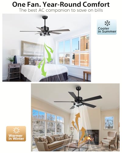 Image of Ceiling Fans with Lights and Remote - Creative Black 52 inch Ceiling Fan with Light, 3CCT, 6 Speeds, Dual-Sided Reversible 5 Blades Indoor Outdoor Modern Chandelier Fan for Bedroom Living Room