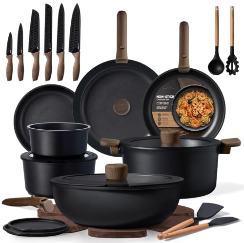 Image of CAROTE 38pcs Pots and Pans Set Non Stick, Cookware Set Detachable Handle | Knife Set, Induction Compatible, Dishwasher & Oven Safe, Space Saving, Camping Cooking Set, Kitchen Set, Black