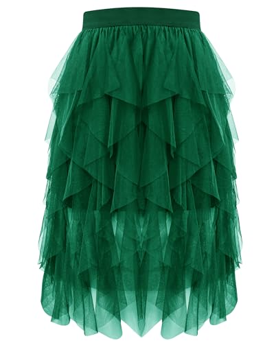 Image of Wikoan Women's Tulle Skirt, High Waist Multilayer Mesh Irregular A-line Midi Skirt Tutu Skirts for Wedding Party Halloween Christmas Daily,Dark Green,2XL/3XL