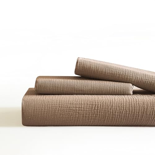 SE SOFTEXLY Muslin Duvet Cover Oversized King Size, 100% Washed Cotton Duvet Cover Set, Ultra Soft Comforter Cover Linen Like, 3 Pieces Gauze Duvet Cover with 2 Pillowcases, 98"x120", Light Brown