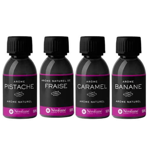 NEROLIANE – Lot 4 Arômes Naturels 50ml : Fraise, Banane, Caramel, Pistache – Yaourts, Pâtisseries, Boissons, Glaces – Vegan – Fabriqué en France – Qualité Professionnelle