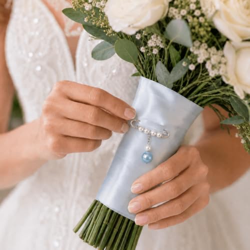 Image of MIXJOY Something Blue Gift for Bride, Wedding Day Bridal Blue Pearl Angel Wings Bouquet Garter Charm for Bride to Be