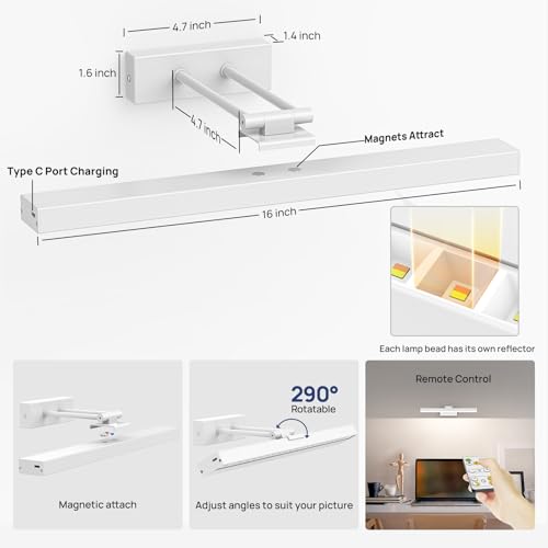 Image of PESUTEN Picture Light Battery Operated, 16in Wireless Art Light for Paintings CCT Dimmable Recharging Battery Picture Light with Remote Control for Gallery Dartboard Art Bedroom Bathroom 2pcs White