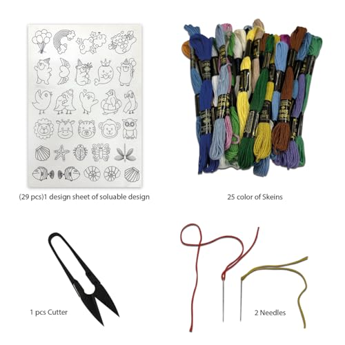 Image of Embroiderymaterial Stick and Stitch Embroidery Patches Patterns, Water Soluble Wash Away Embroidery Transfer Stabilizer Paper with Pre-Printed Designs, Threads, Needle & Cutter for Sewing